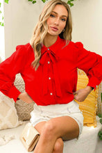 Load image into Gallery viewer, Collared Tie Neck Pearl Button Accent Woven Blouse VT81416: Brown / M