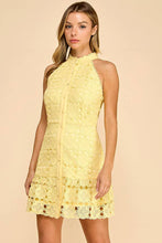 Load image into Gallery viewer, Floral high neck mini dress with ruffled bottom: LEMON YELLOW / L