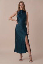 Load image into Gallery viewer, Side Slit Cowl Neck Satin Midi Dress: Dark Green / S