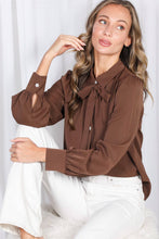 Load image into Gallery viewer, Collared Tie Neck Pearl Button Accent Woven Blouse VT81416: Brown / M