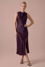 Load image into Gallery viewer, Side Slit Cowl Neck Satin Midi Dress: Dark Green / L