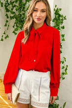 Load image into Gallery viewer, Collared Tie Neck Pearl Button Accent Woven Blouse VT81416: Brown / S