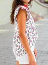 Load image into Gallery viewer, Sunflower Printed Contrast Trim V Neck Flutter Sleeve Blouse: Red / L