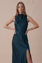 Load image into Gallery viewer, Side Slit Cowl Neck Satin Midi Dress: Dark Green / M