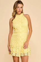 Load image into Gallery viewer, Floral high neck mini dress with ruffled bottom: LEMON YELLOW / L