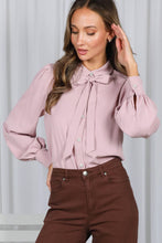 Load image into Gallery viewer, Collared Tie Neck Pearl Button Accent Woven Blouse VT81416: Brown / M