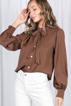 Load image into Gallery viewer, Collared Tie Neck Pearl Button Accent Woven Blouse VT81416: Brown / L