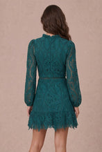 Load image into Gallery viewer, Lace Scallop Hem Puff Long Sleeve Mini Dress: Esmerald Green / M