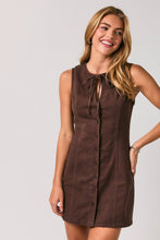 Load image into Gallery viewer, Keyhole Tie Button Front A-Line Mini Dress: DK BROWN / S