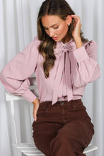 Load image into Gallery viewer, Collared Tie Neck Pearl Button Accent Woven Blouse VT81416: Brown / S