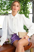 Load image into Gallery viewer, Collared Tie Neck Pearl Button Accent Woven Blouse VT81416: Brown / S