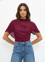 Load image into Gallery viewer, ASYMMETRIC CAPE RUCH TOP- TD7186AFO: Burgundy / Contemporary / S