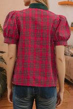 Load image into Gallery viewer, LDC Plaid Print Contrast Trim V Neck Short Sleeve Blouse: Red / M