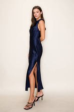 Load image into Gallery viewer, Side Slit Cowl Neck Satin Midi Dress: Dark Green / S
