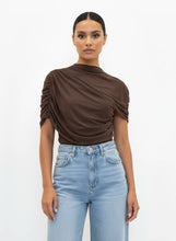 Load image into Gallery viewer, ASYMMETRIC CAPE RUCH TOP- TD7186AFO: Burgundy / Contemporary / S