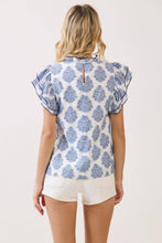 Load image into Gallery viewer, CT9827-Printed Contrast Trim Ruffle Sleeve Blouse: Blue / M
