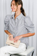 Load image into Gallery viewer, Striped Collared Neck Short Puff Sleeve Blouse Top VT81707: Brown / M
