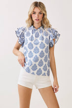 Load image into Gallery viewer, CT9827-Printed Contrast Trim Ruffle Sleeve Blouse: Blue / L
