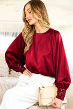 Load image into Gallery viewer, Beaded Sequin Cuff Accent Crew Neck Satin Blouse Top VT81259: Champagne / M
