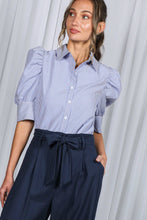 Load image into Gallery viewer, Striped Collared Neck Short Puff Sleeve Blouse Top VT81707: Brown / S
