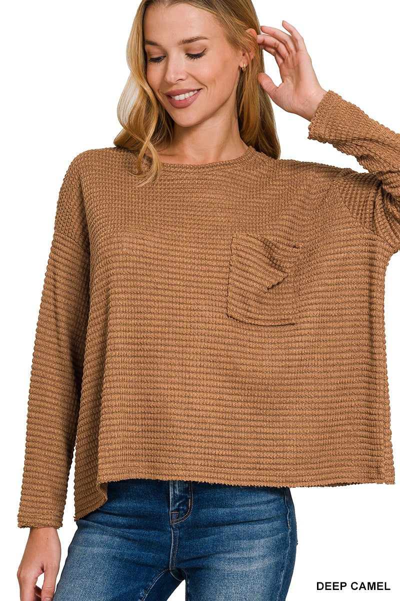 Camel Waffle Top with Pocket