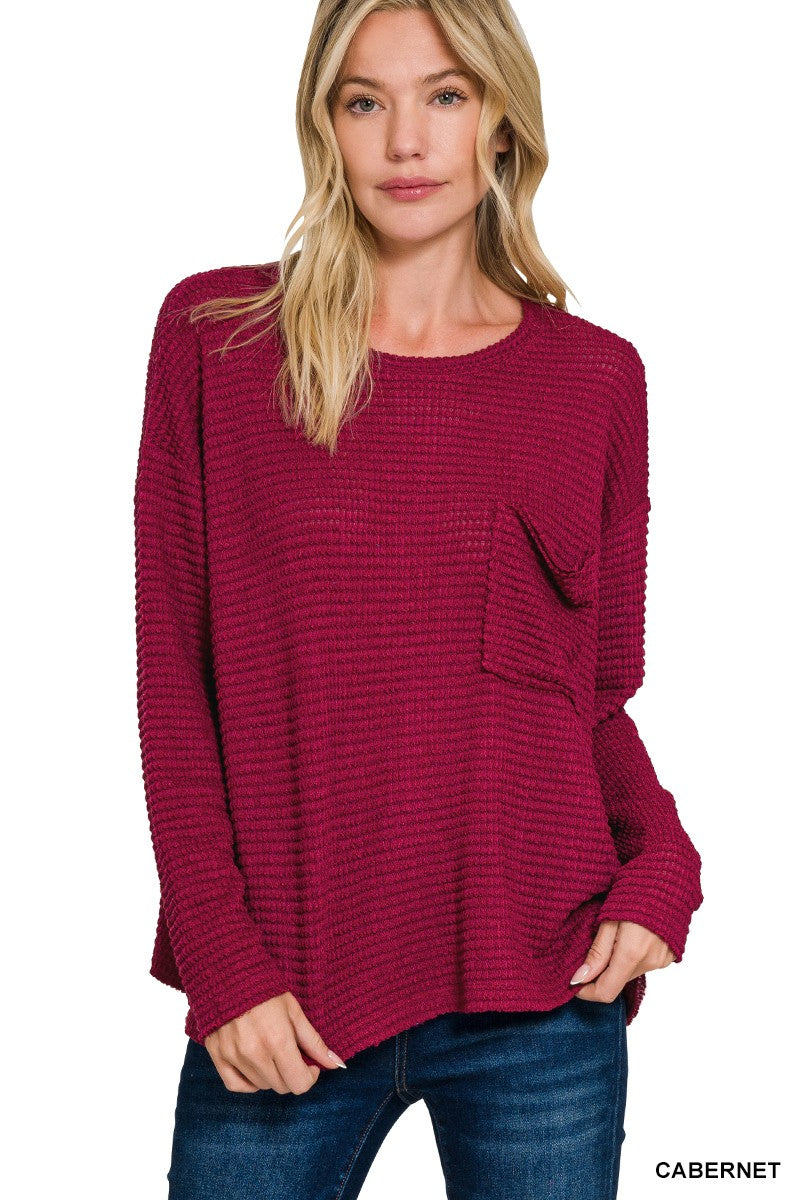 Maroon Waffle Top with Pockets