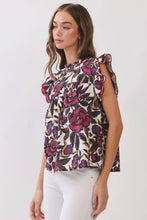 Load image into Gallery viewer, CT10116-Floral Print Ruffle Sleeve Blouse: Burgundy / S
