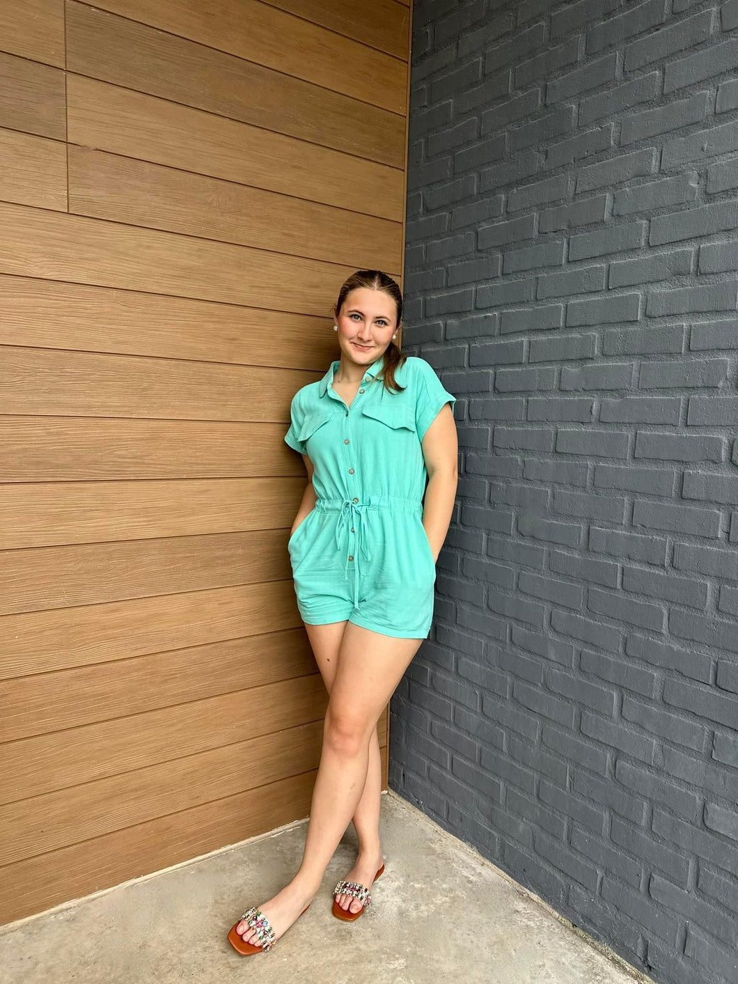 Button Me Up Teal Romper