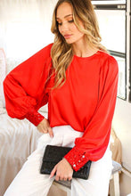 Load image into Gallery viewer, Beaded Sequin Cuff Accent Crew Neck Satin Blouse Top VT81259: Champagne / L
