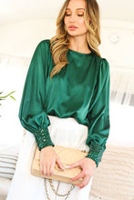 Load image into Gallery viewer, Beaded Sequin Cuff Accent Crew Neck Satin Blouse Top VT81259: Champagne / M
