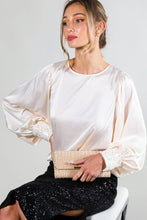 Load image into Gallery viewer, Beaded Sequin Cuff Accent Crew Neck Satin Blouse Top VT81259: Champagne / S
