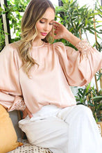 Load image into Gallery viewer, Beaded Sequin Cuff Accent Crew Neck Satin Blouse Top VT81259: Champagne / L
