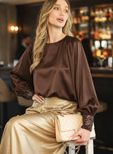 Load image into Gallery viewer, Beaded Sequin Cuff Accent Crew Neck Satin Blouse Top VT81259: Champagne / M
