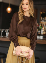 Load image into Gallery viewer, Beaded Sequin Cuff Accent Crew Neck Satin Blouse Top VT81259: Hunter Green / S
