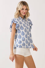 Load image into Gallery viewer, CT9827-Printed Contrast Trim Ruffle Sleeve Blouse: Blue / L
