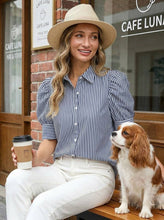 Load image into Gallery viewer, Striped Collared Neck Short Puff Sleeve Blouse Top VT81707: Green / S

