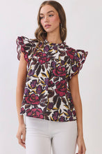 Load image into Gallery viewer, CT10116-Floral Print Ruffle Sleeve Blouse: Burgundy / L
