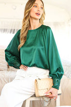 Load image into Gallery viewer, Beaded Sequin Cuff Accent Crew Neck Satin Blouse Top VT81259: Champagne / M
