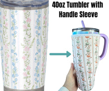 Load image into Gallery viewer, 40oz Tumbler with Handle - Blue and Pink Flowers Vintage Stripes
