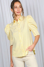 Load image into Gallery viewer, Striped Collared Neck Short Puff Sleeve Blouse Top VT81707: Green / S
