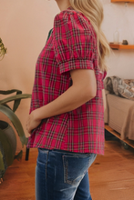 Load image into Gallery viewer, LDC Plaid Print Contrast Trim V Neck Short Sleeve Blouse: Red / S
