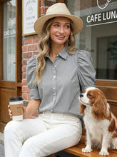 Load image into Gallery viewer, Striped Collared Neck Short Puff Sleeve Blouse Top VT81707: Brown / S
