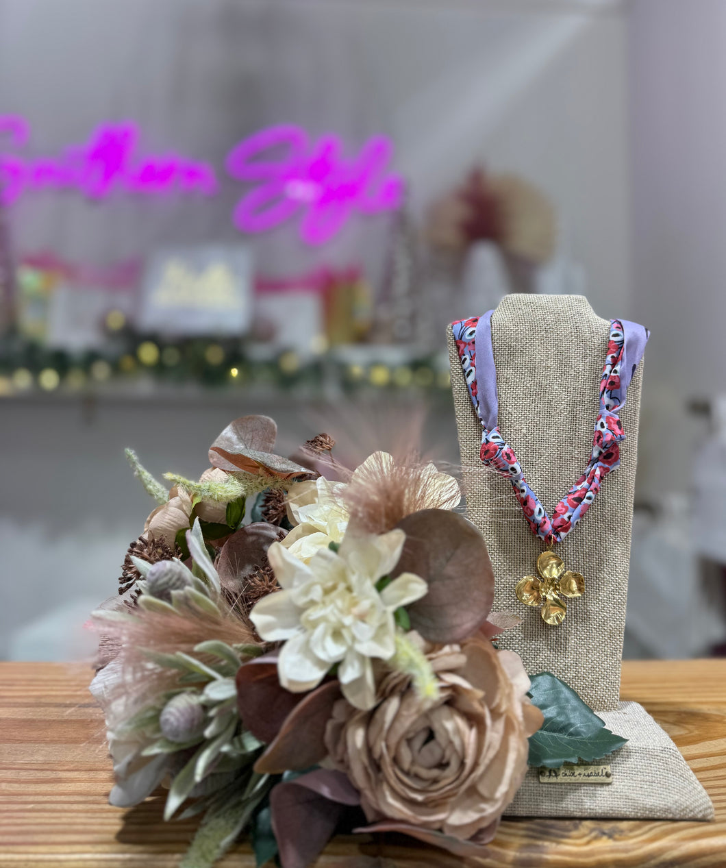 Scarf Charm Necklace-Pink & Green Floral Flower