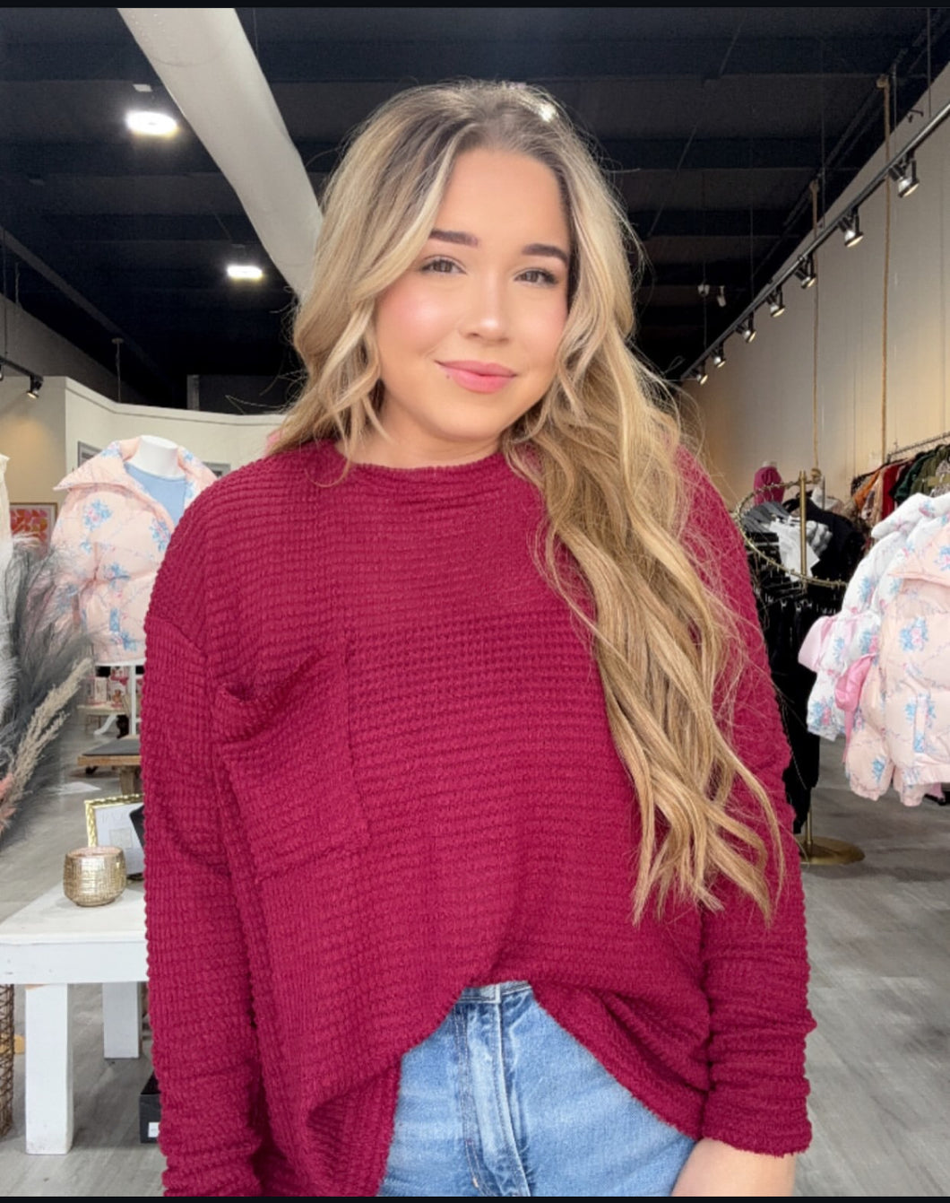 Maroon Waffle Top with Pockets