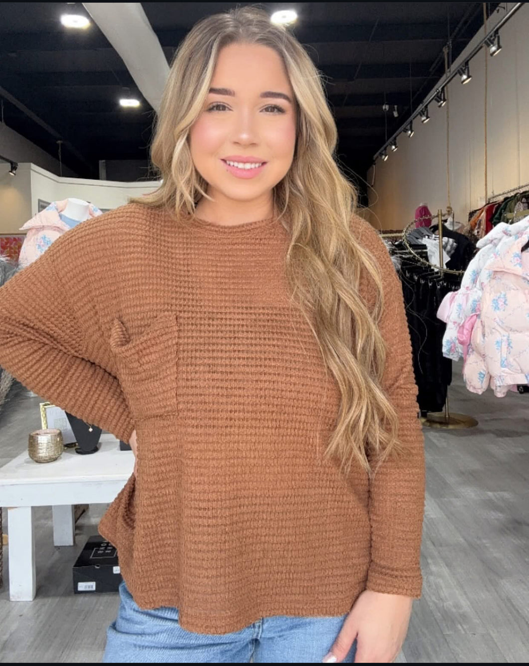 Camel Waffle Top with Pocket