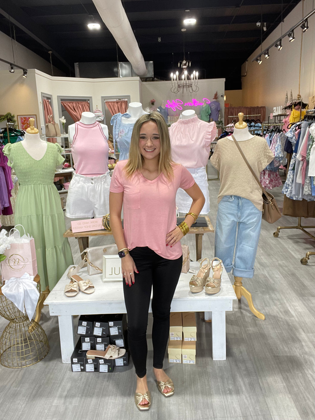 Petal Pink V-Neck Basic Tee