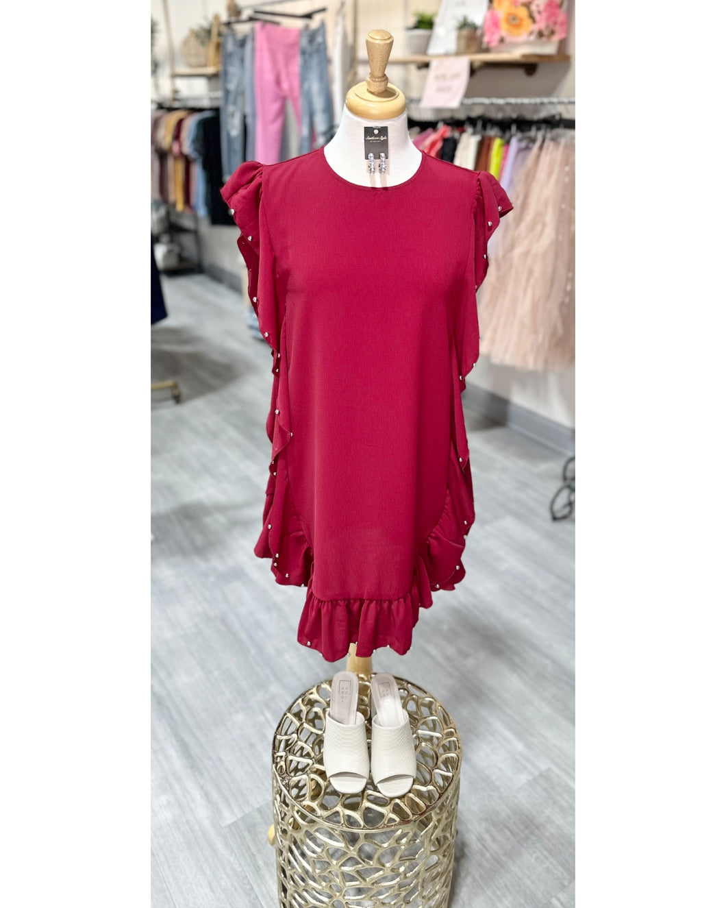 Burgundy Ruffle Embellished Dress