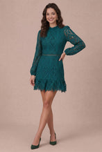 Load image into Gallery viewer, Lace Scallop Hem Puff Long Sleeve Mini Dress: Esmerald Green / S
