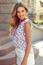 Load image into Gallery viewer, Sunflower Printed Contrast Trim V Neck Flutter Sleeve Blouse: Red / L
