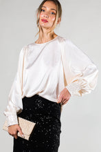 Load image into Gallery viewer, Beaded Sequin Cuff Accent Crew Neck Satin Blouse Top VT81259: Champagne / M
